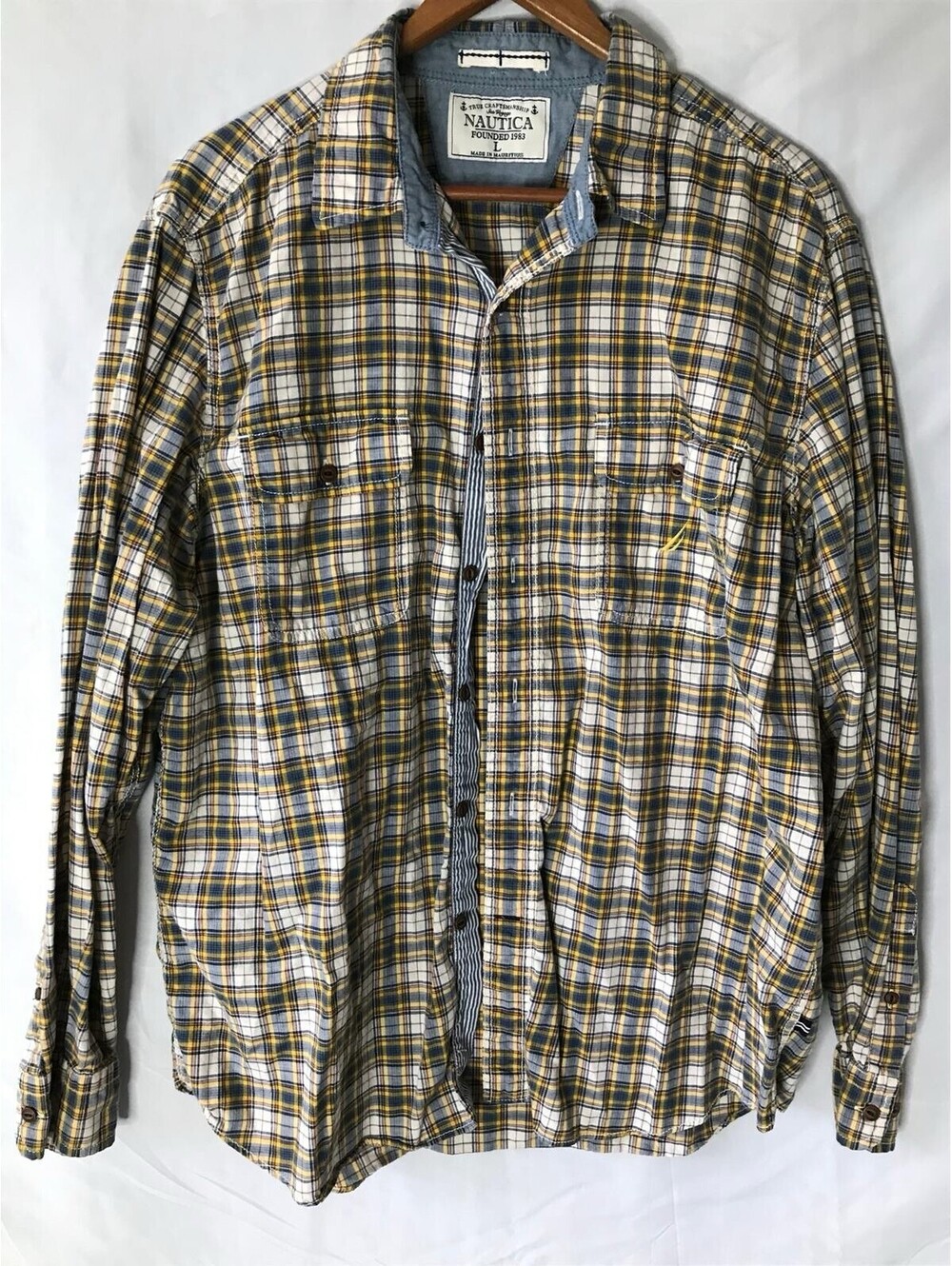 Nautica Shirt Mens L Yellow Blue White Plaid Check Long Sleeve Cotton